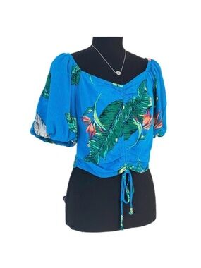 SO ~ Cropped Tropical Print Vibrant Multicolor Puff Short Sleeve Top size L